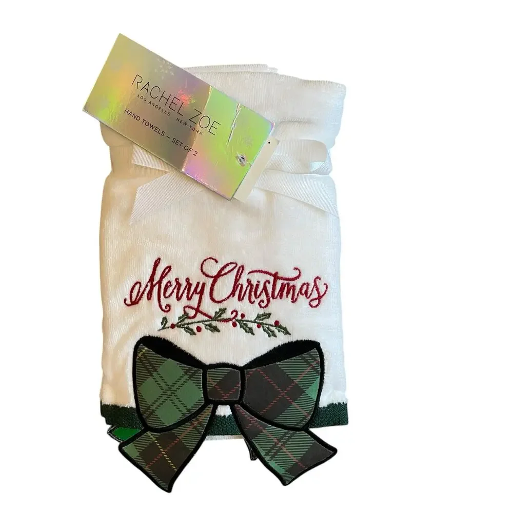 Rachel Zoe CHRISTMAS Plaid Bow Hand Towels Set of 2 Holiday Tartan New